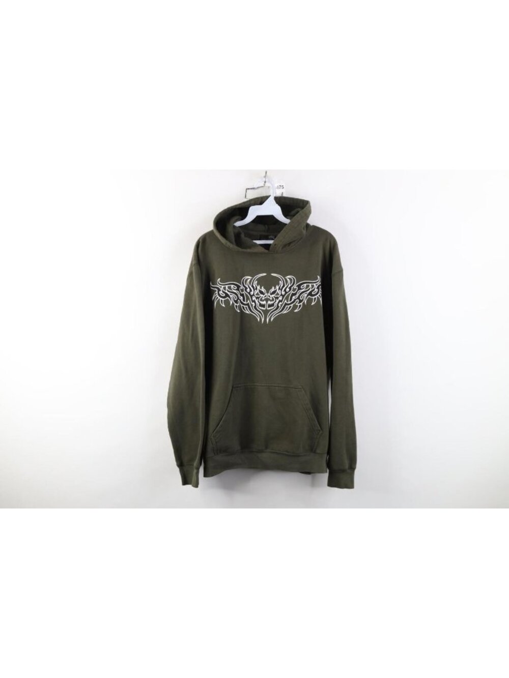 Vintage Y2K Streetwear Mens XL Faded Tribal Skull Hoodie Sweatshirt Olive Green
